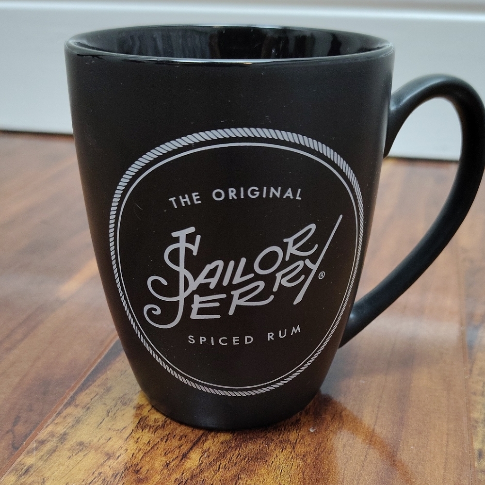 Original Sailor Jerry Spiced Rum Mug white logo on Black ceramic mug